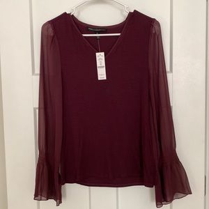 WHBM Burgundy V Neck Long Sleeve Top